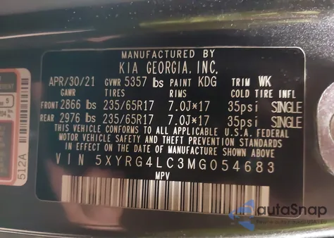 2021 Kia Sorento Lx from USA, damaged, VIN 5XYRG4LC3MG054683